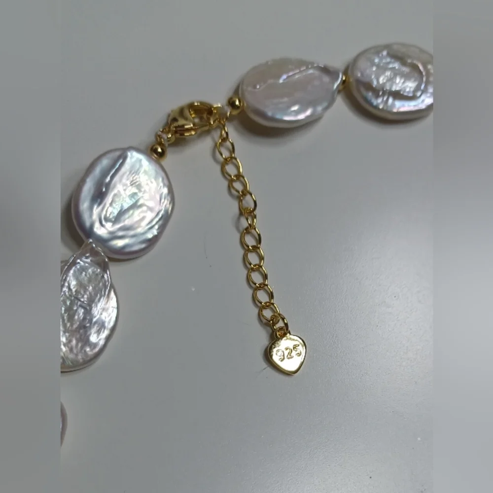 Genune Baroque Coin Pearl Necklace 925 Sterling Silver 18" - Picture 2 of 4